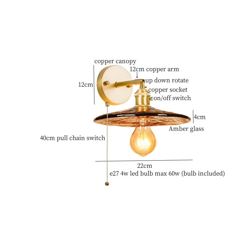Afralia™ Japanese Amber Glass LED Wall Lamp Copper Vintage Design