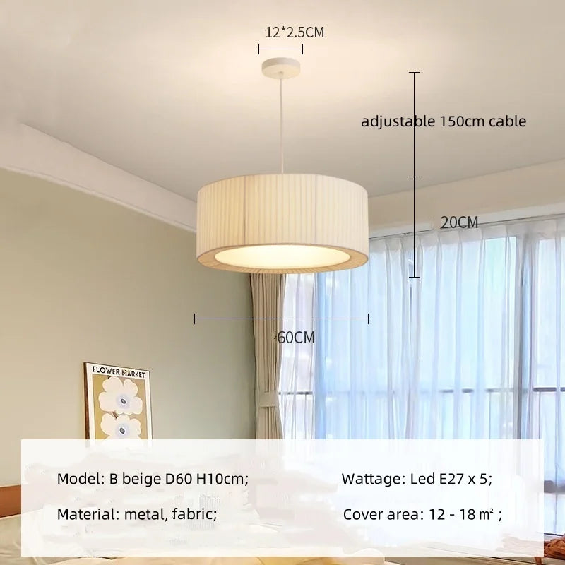 Nordic Pleated Fabric E27 Pendant Light Dining Room Creamy Hanging Lamp Bedroom Suspend Lamp - Afralia™