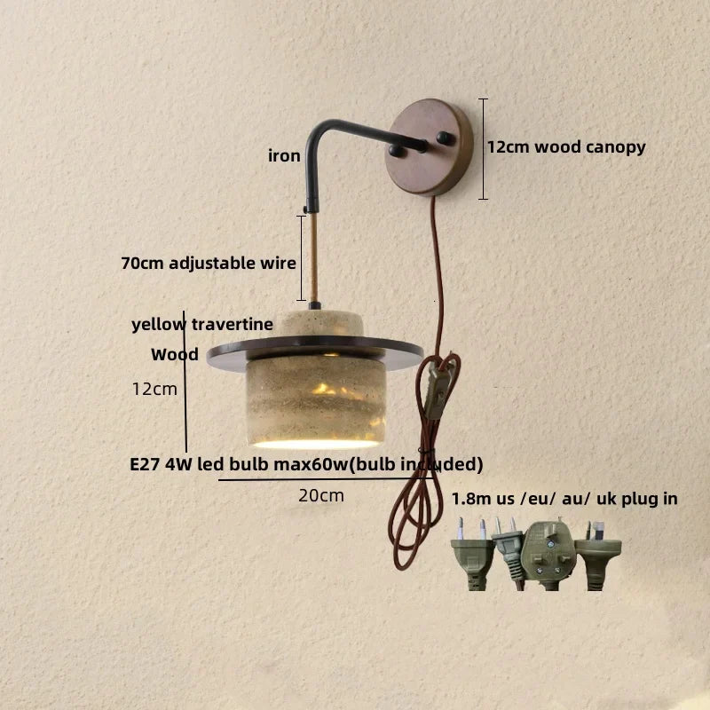 Yellow Travertine LED Wall Lamp Pull Chain Switch Stone Wood Modern Light