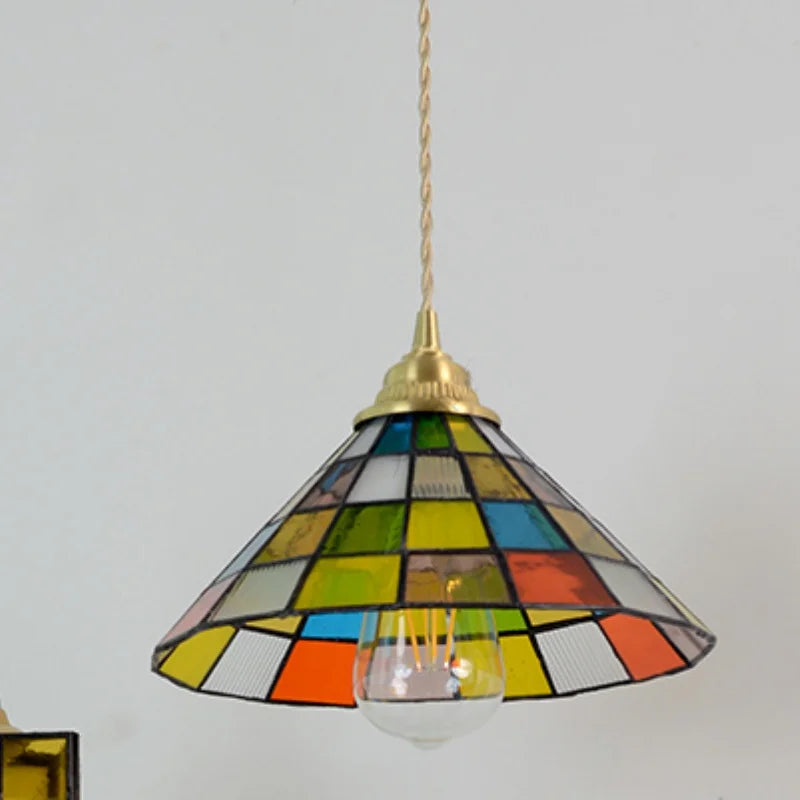 Afralia™ Magic Cube LED Pendant Lights Glass Walnut Wood Tiffany Style Hang Lamp