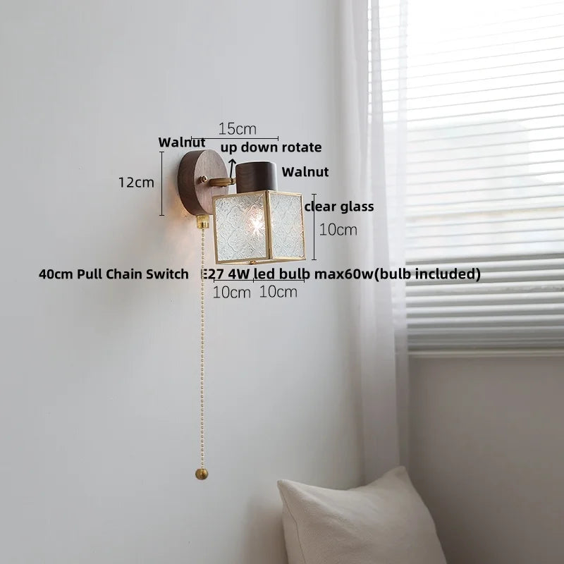 Clear Glass LED Wall Sconce Walnut Wood Bedroom Living Room Modern Fixture
