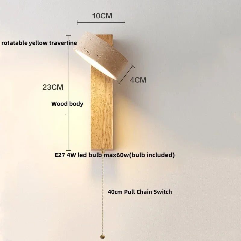 Yellow Travertine Wood Canopy LED Wall Light, Japan Style Bedside Lamp