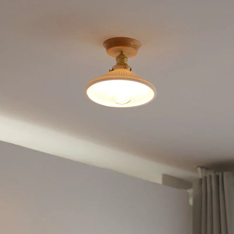 White Ceramic LED Ceiling Light with Wood Canopy for Kitchen and Living Room