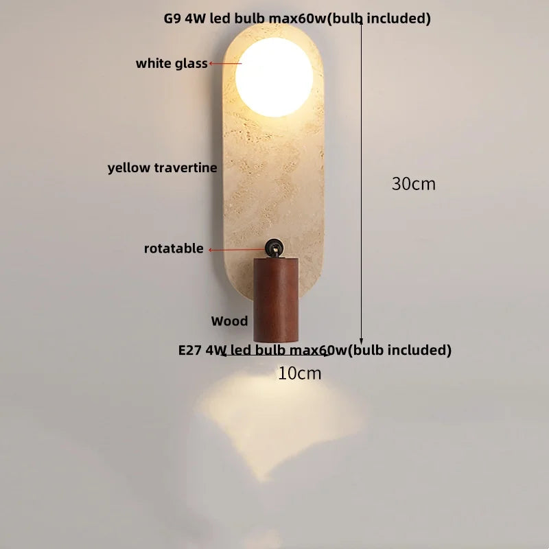 Yellow Travertine Wood Canopy LED Wall Light, Japan Style Bedside Lamp