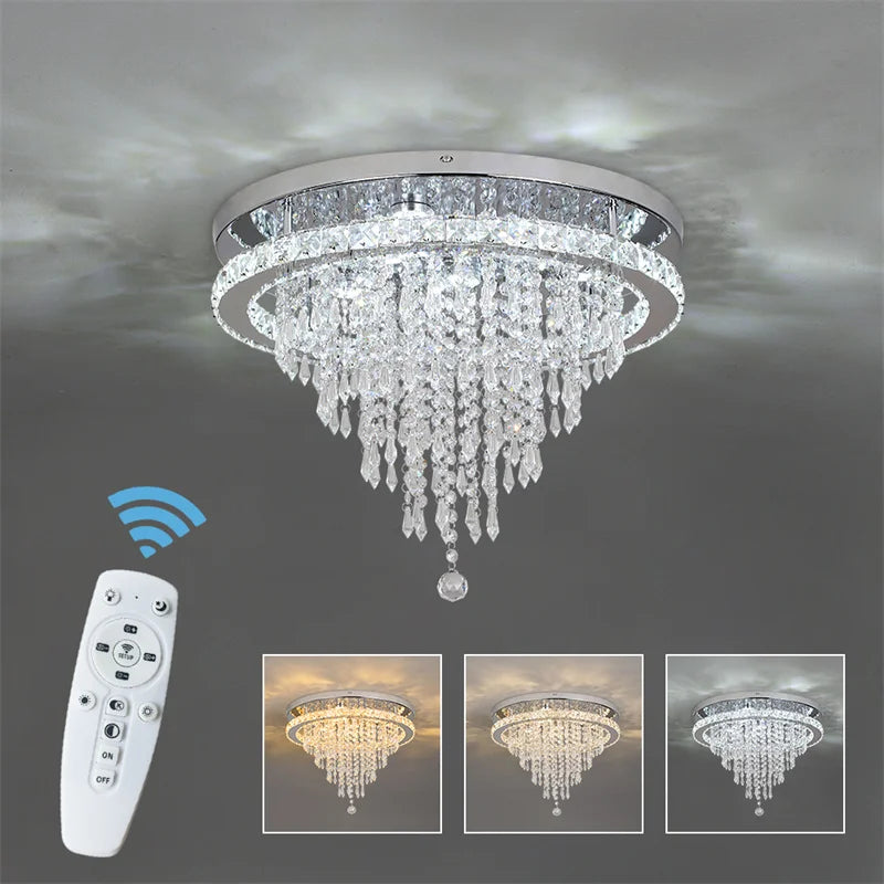 Crystal LED Ceiling Chandelier: Remote Dimming Round Lamp for Luxury Home Decor