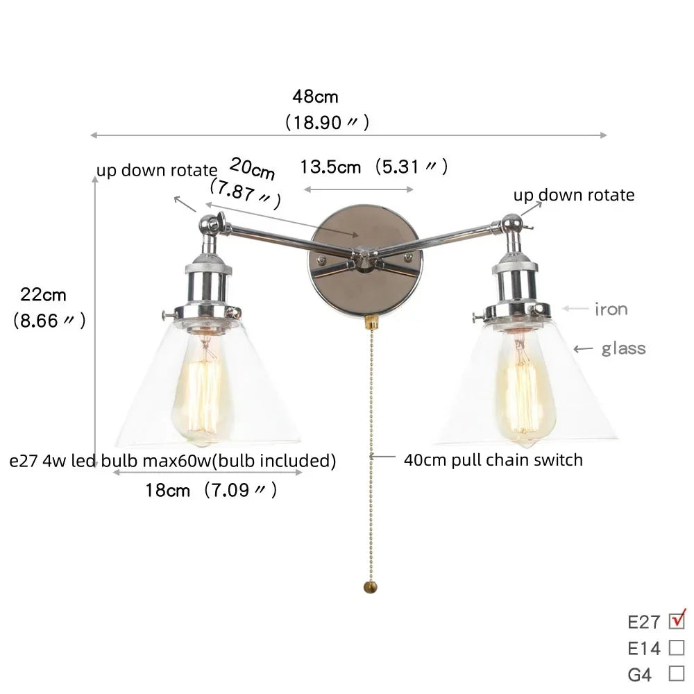 2 Head LED Wall Lamps Iron Glass Bedroom Stair Light Fixtures