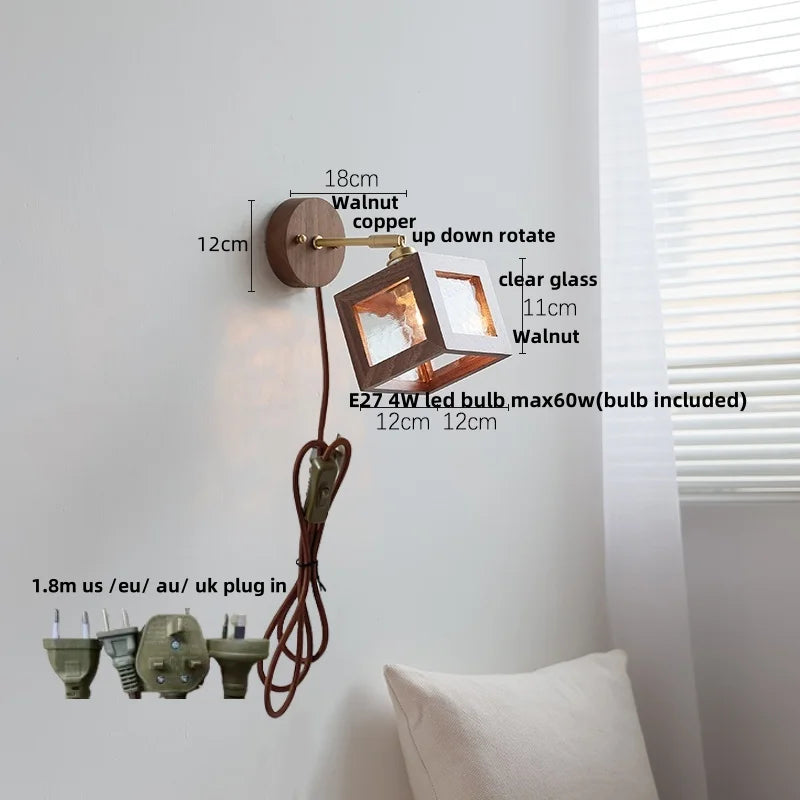 Walnut Wood LED Wall Light with Pull Chain Switch & Clear Glass Sconce