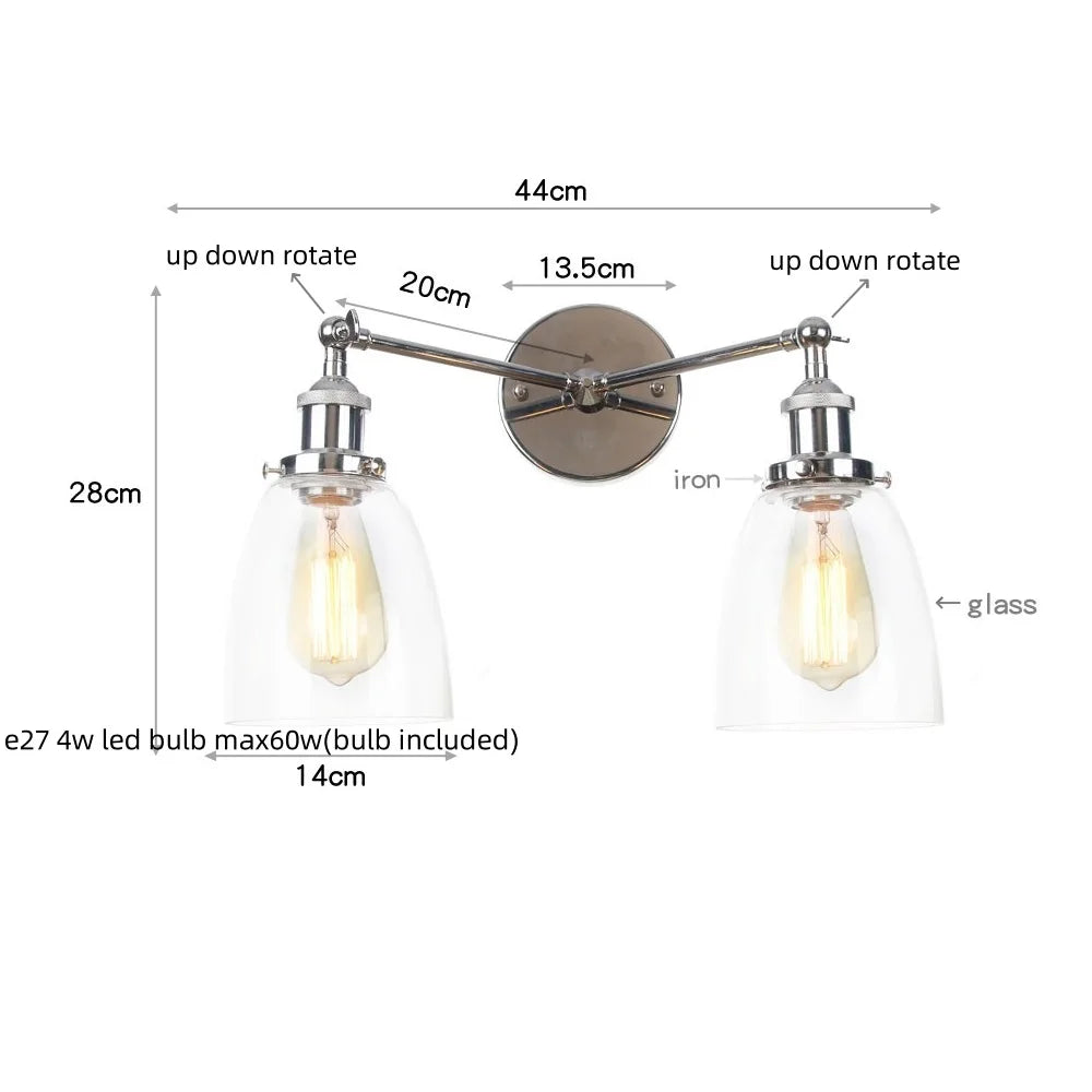2 Head LED Wall Lamps Iron Glass Bedroom Stair Light Fixtures