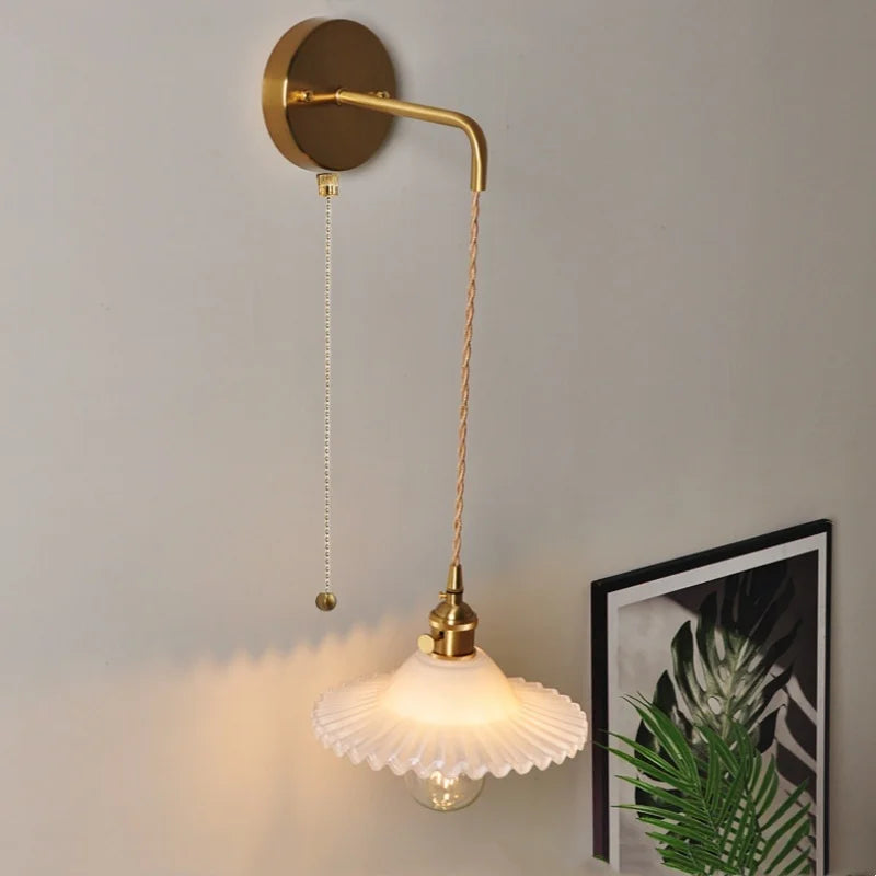 White Glass LED Wall Lamp with Pull Chain Switch, Modern Nordic Design
