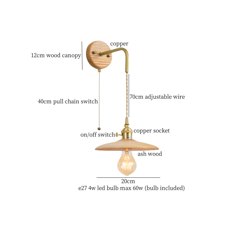 Nordic Wood LED Wall Lamp Pull Chain Switch for Home Decor & Lighting