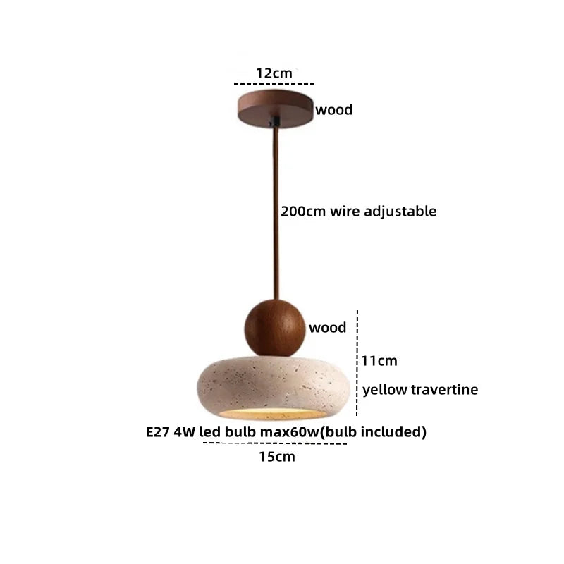Yellow Travertine Wood LED Pendant Lamp - Nordic Modern Living Dining Room Light