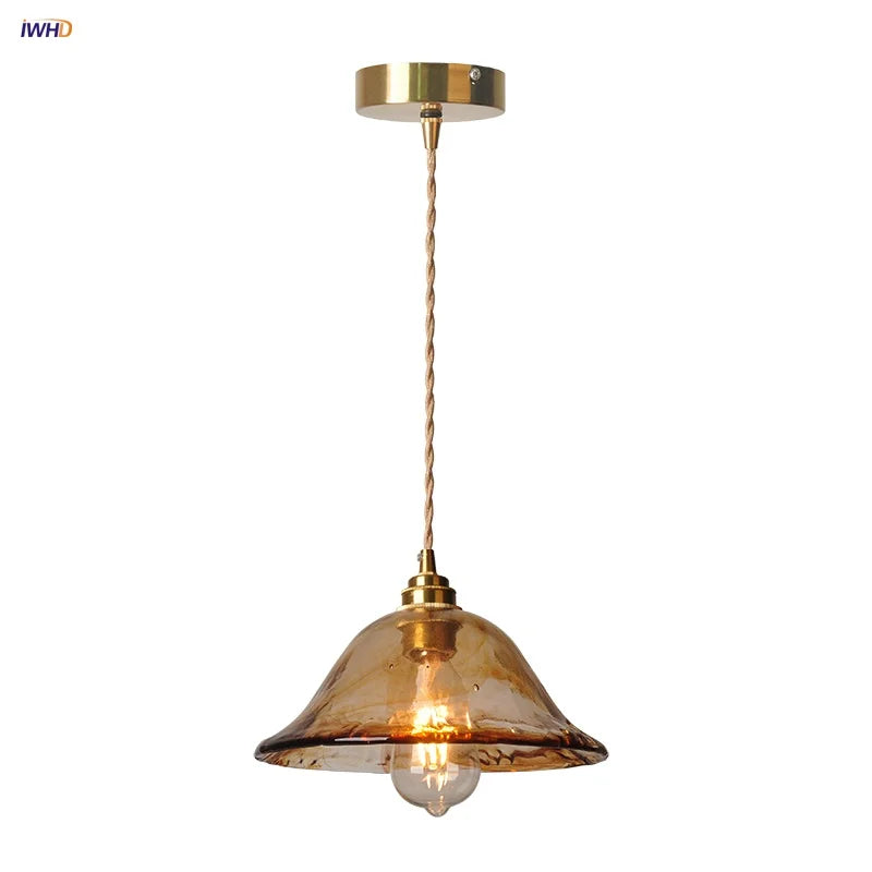 Amber Glass Adjustable LED Pendant Light Fixture, Vintage E27 Copper Hanging Lamp