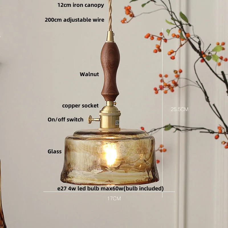 Wood Amber Glass LED Pendant Light Fixture - Nordic Modern Hanging Lamp