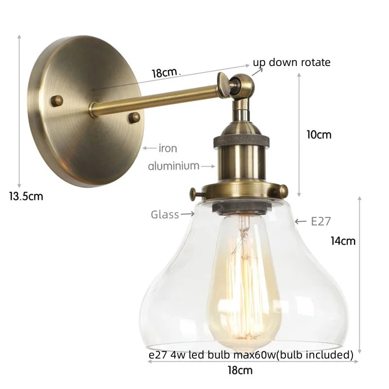 Black Iron LED Wall Lights Industrial Pull Chain Switch Bedroom Dining Room Loft