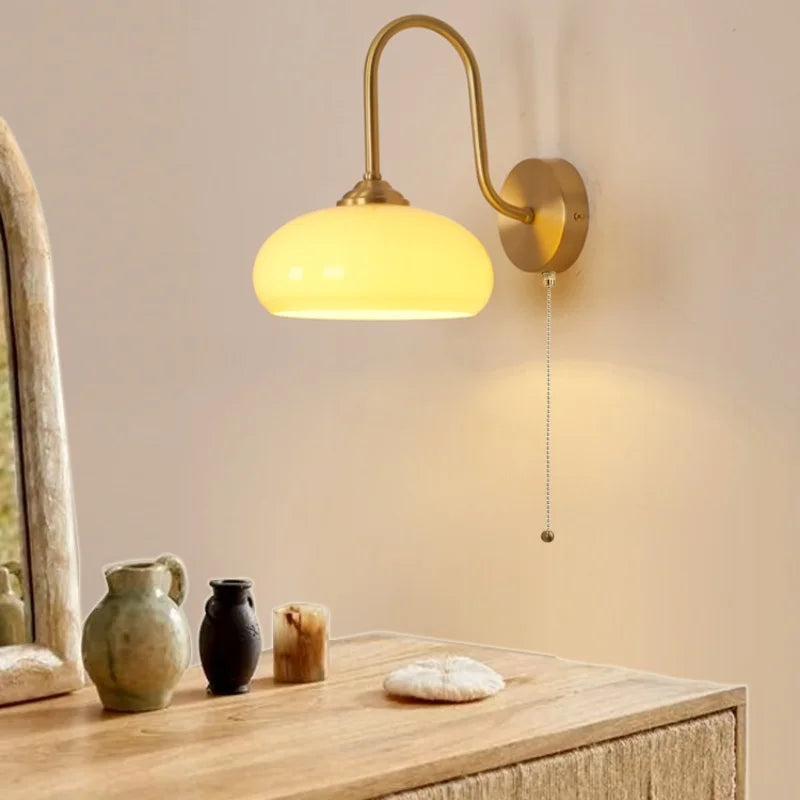 Glass LED Wall Sconce with Pull Chain Switch for Coffee Bedroom - Copper Nordic Stair Light