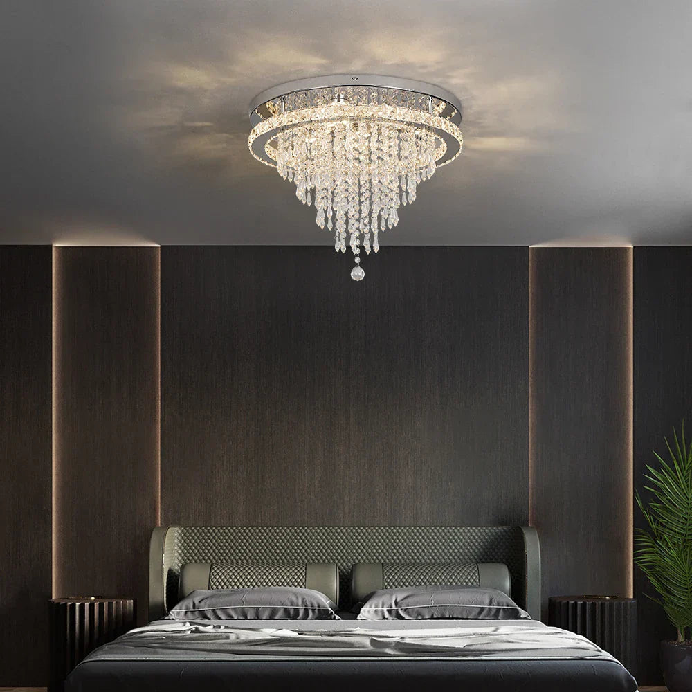 Crystal LED Ceiling Chandelier: Remote Dimming Round Lamp for Luxury Home Decor