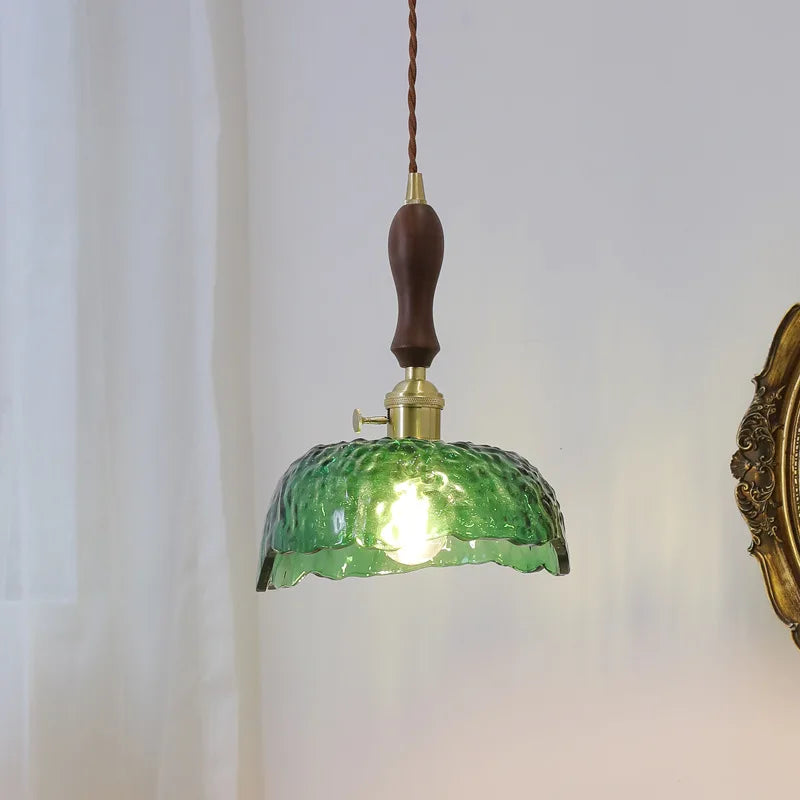 Green Glass LED Pendant Lamp with Knob Switch, Copper Chandelier