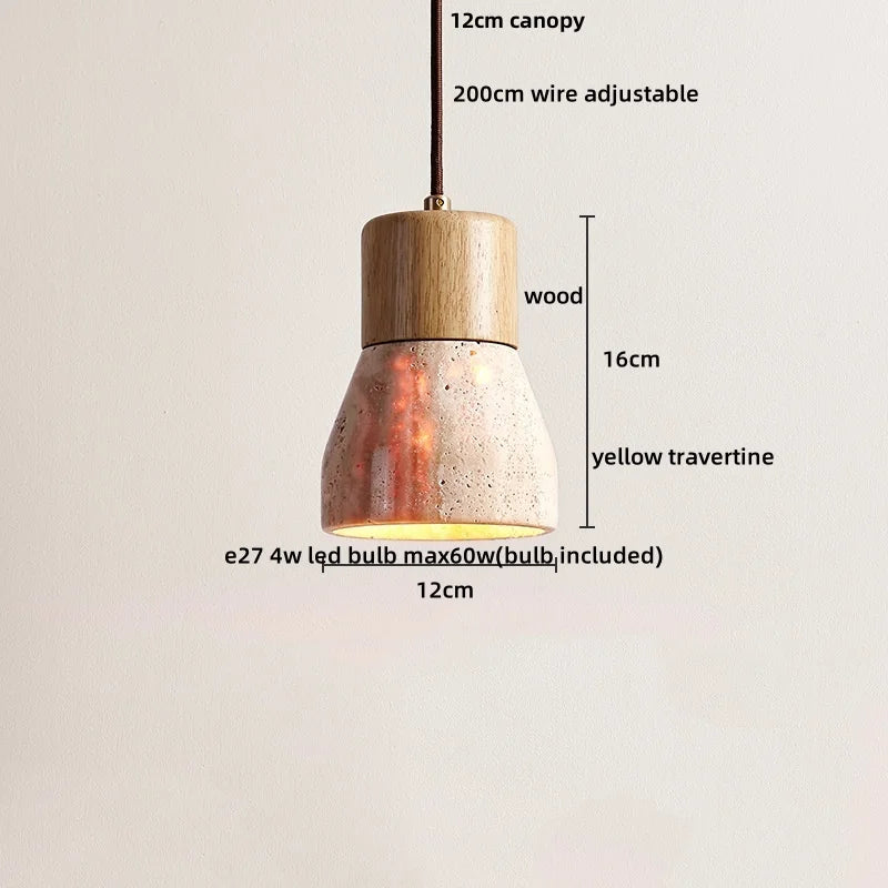Yellow Travertine Wood Base LED Pendant Lights - Modern Adjustable Hanging Lamp