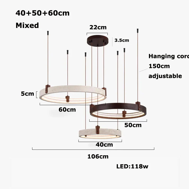 Natural Stone Wood Ring LED Chandelier for Dining & Living Room