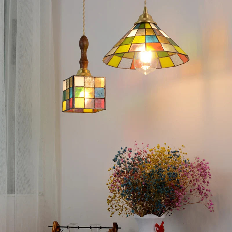 Afralia™ Magic Cube LED Pendant Lights Glass Walnut Wood Tiffany Style Hang Lamp