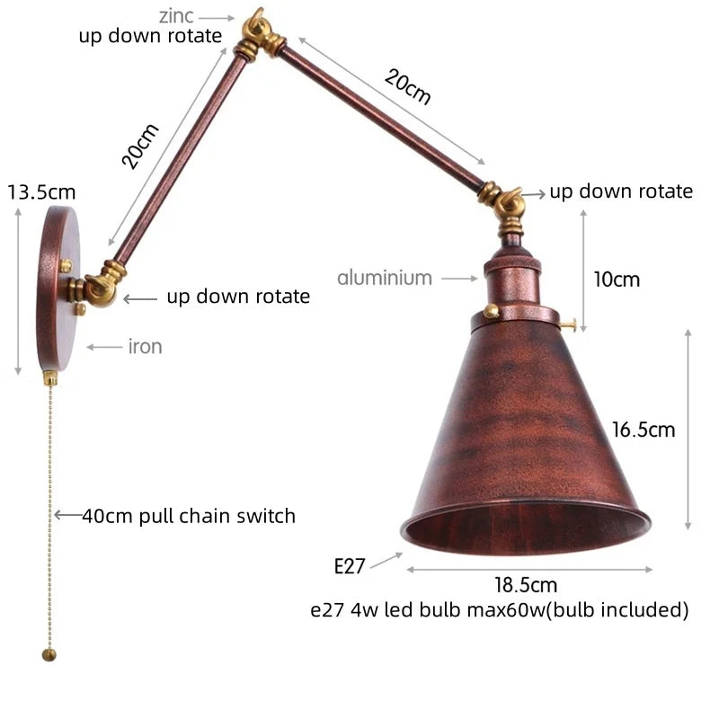 Vintage Iron Gold LED Wall Lamp with Long Arm and Pull Chain Switch