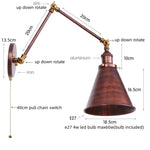 Vintage Iron Gold LED Wall Lamp with Long Arm and Pull Chain Switch