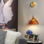 Tiffany Glass LED Wall Lamp Pull Chain Switch Vintage Copper Wall Lights