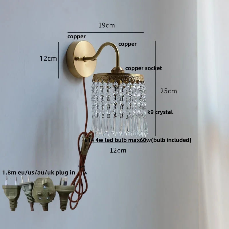 Vintage Crystal LED Wall Lights Pull Chain Switch Copper E14 Stair Fixtures