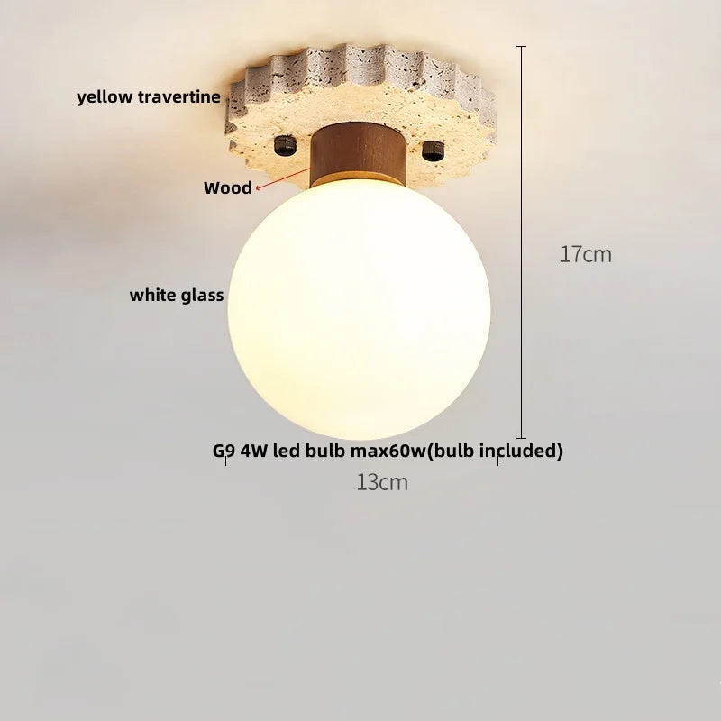 Yellow Travertine Stone LED Ceiling Light Fixture White Glass Ceiling Lamp
