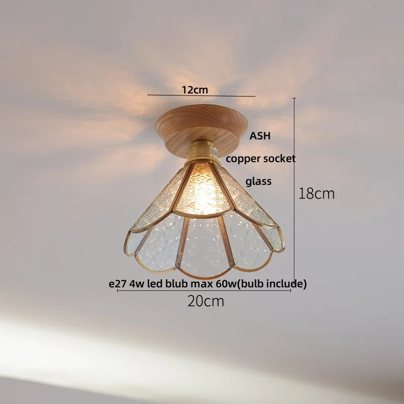 Tiffany Glass Copper Ceiling Lights Wood Ash LED Lamp Japan Style
