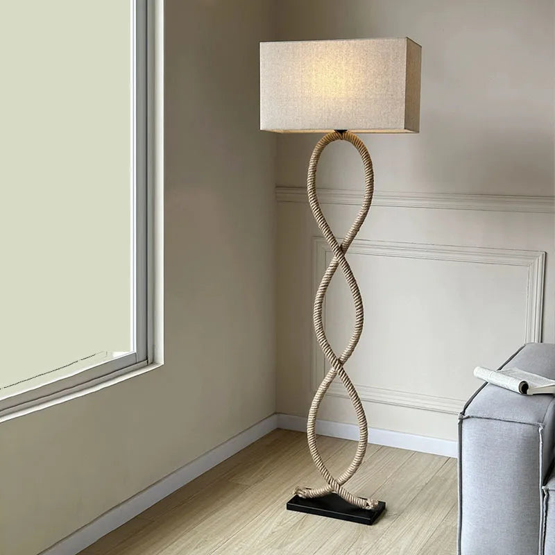 Hemp Rope Fabric Shade LED Floor Lamp for Nordic Retro Wabi Sabi Style