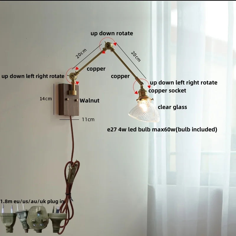 Walnut Copper Swing Arm LED Wall Light Fixture for Nodic Home Decor