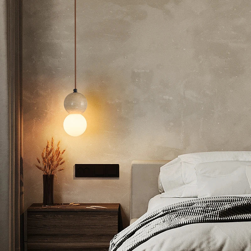 LED Gourd Pendant Light Fixture with Yellow Travertine and White Glass