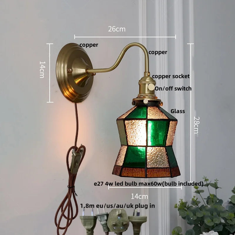 Afralia™ Blue Glass Copper LED Wall Light Fixture Stair Bar Restaurant Bedroom E27
