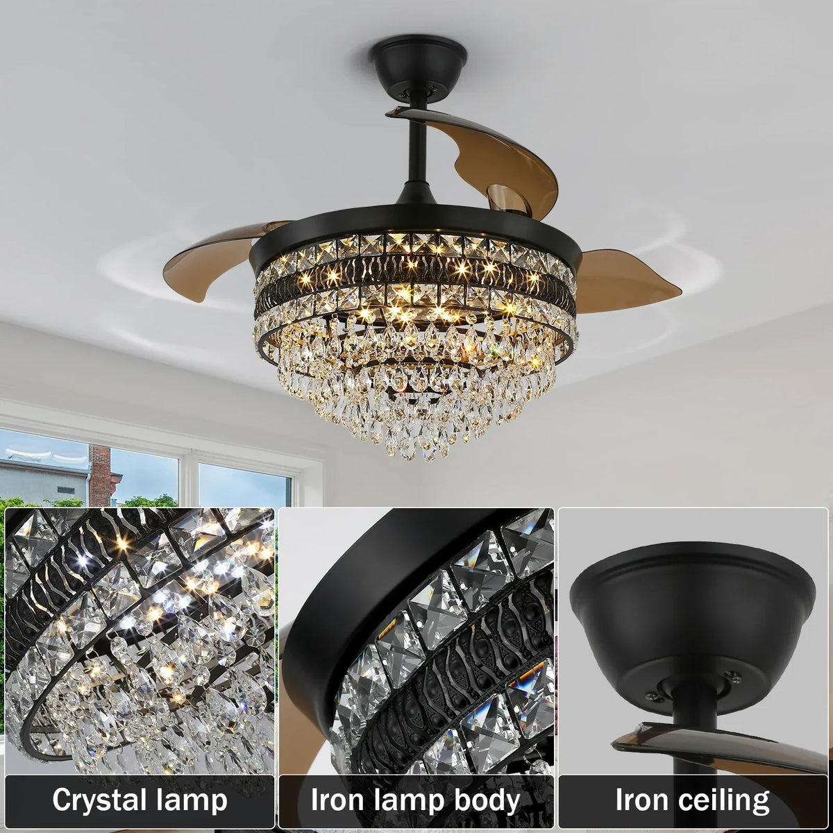 Smart Ceiling Fan with Pendant Lighting, 3-head LED Fandelier Lamp.
