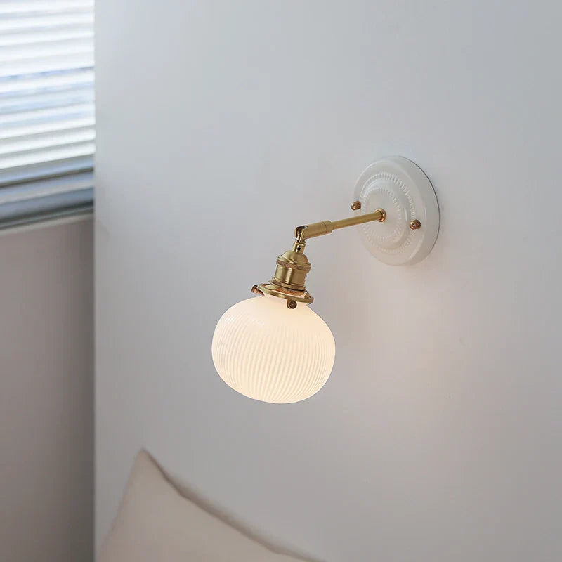 White Glass LED Wall Lights Pull Chain Switch Copper Arm - Bedroom Stair Living Room Mirror Bedside Lamp
