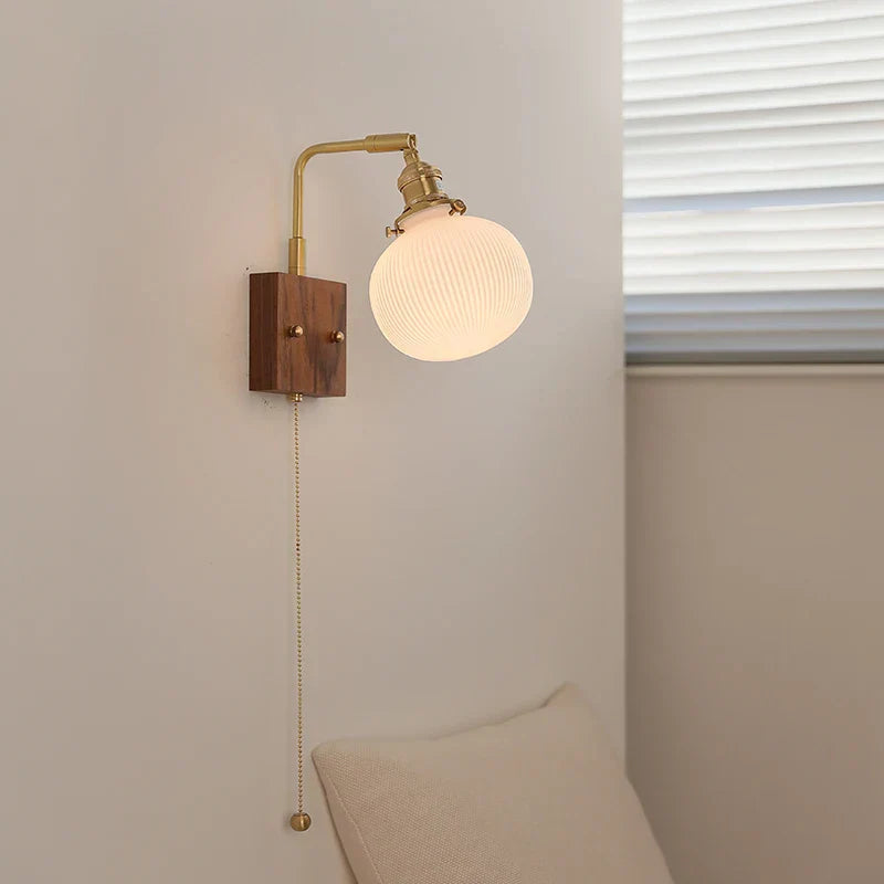 Afralia™ Globe Ceramic Walnut Wood Wall Light with Pull Chain Switch and Rotatable Design