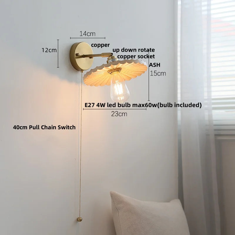 Walnut Wood LED Wall Sconce, Pull Chain Switch, Copper Socket, Bedroom Aisle Hallway