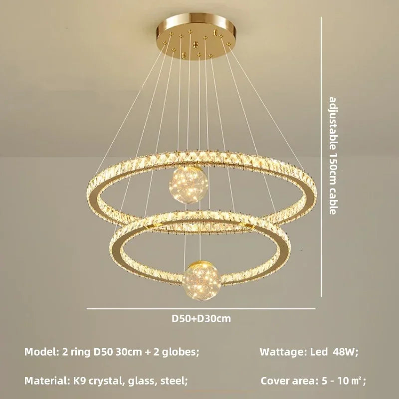 Crystal LED Chandelier: Modern Living Room Pendant Lights, Glass Globe Hanging Lamp