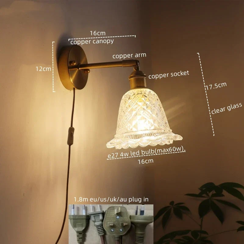Copper Glass Nordic LED Wall Lights for Balcony Bedroom Mirror Bathroom