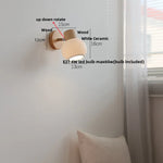 Afralia™ White Ceramic LED Wall Light with Pull Chain Switch and Wood Base
