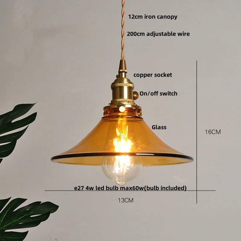 Wood Amber Glass LED Pendant Light Fixture - Nordic Modern Hanging Lamp
