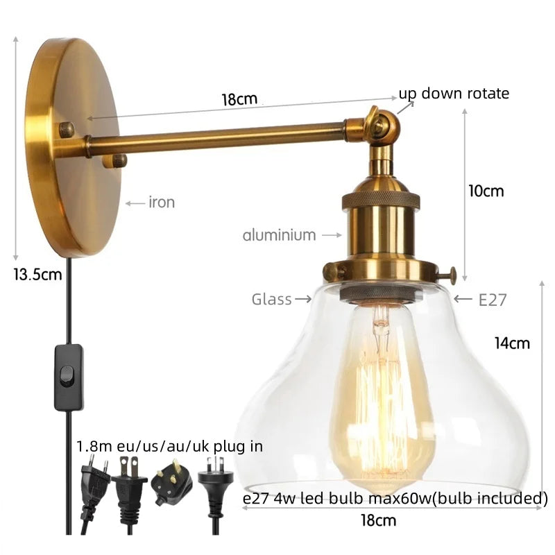 Afralia™ Gold LED Wall Sconces Iron Loft Retro Home Bedroom Lamp