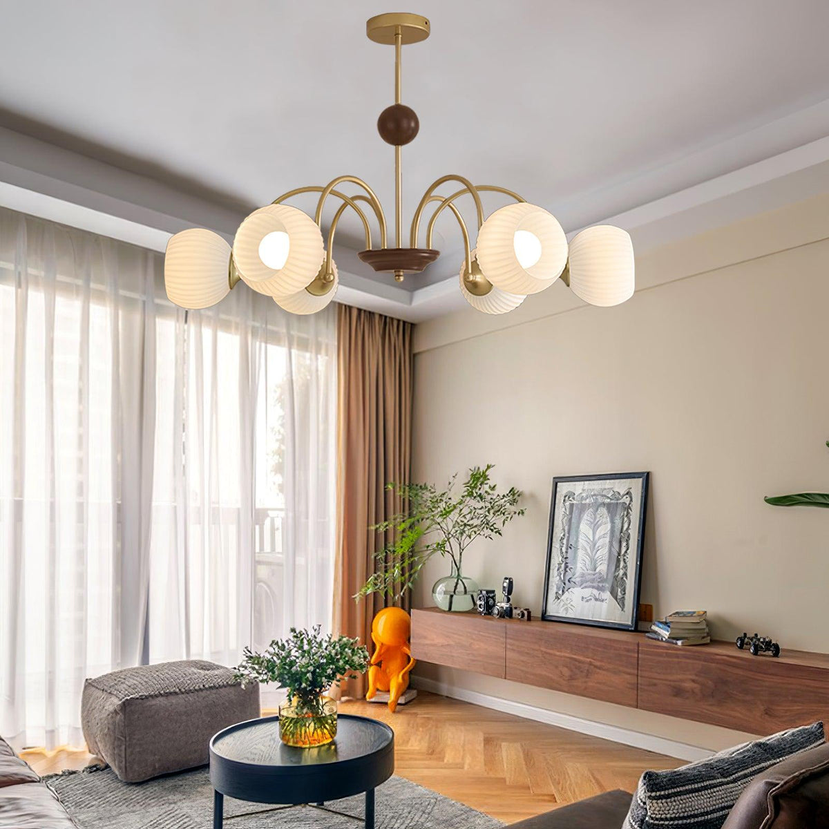 Sculptural Glass Ribbed Chandelier