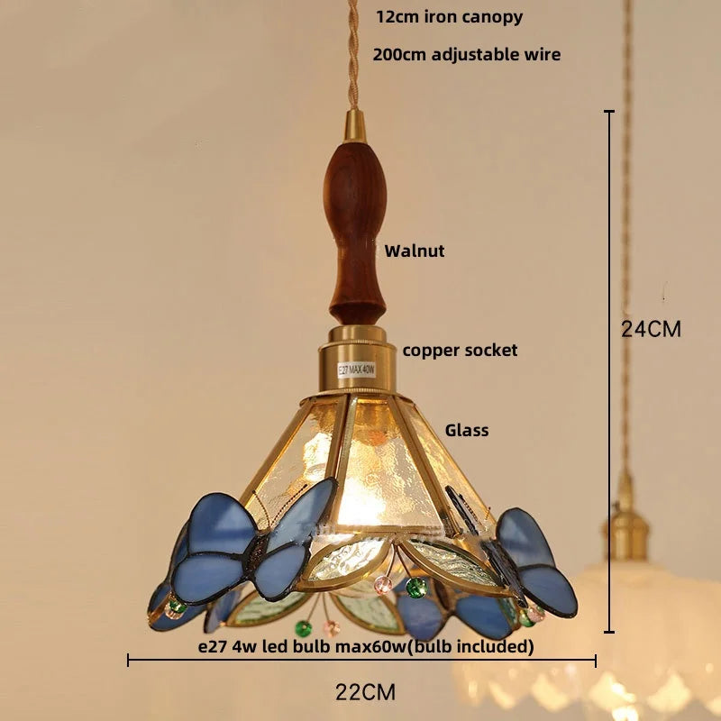 White Glass LED Pendant Light Fixture Walnut Wood Hang Lamp