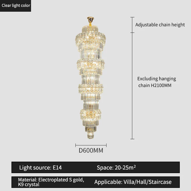 Elegant Crystal Hollow Long Chandelier for Duplex Living Room and Stairwell