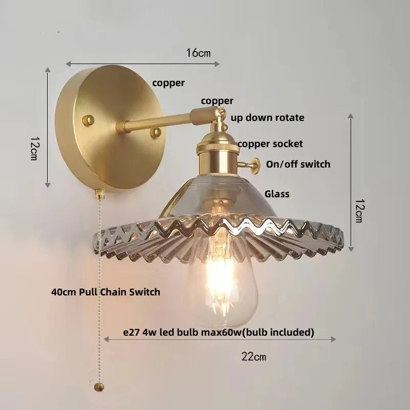 Vintage Green Glass LED Wall Light with Pull Chain Switch