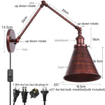Vintage Iron Gold LED Wall Lamp with Long Arm and Pull Chain Switch