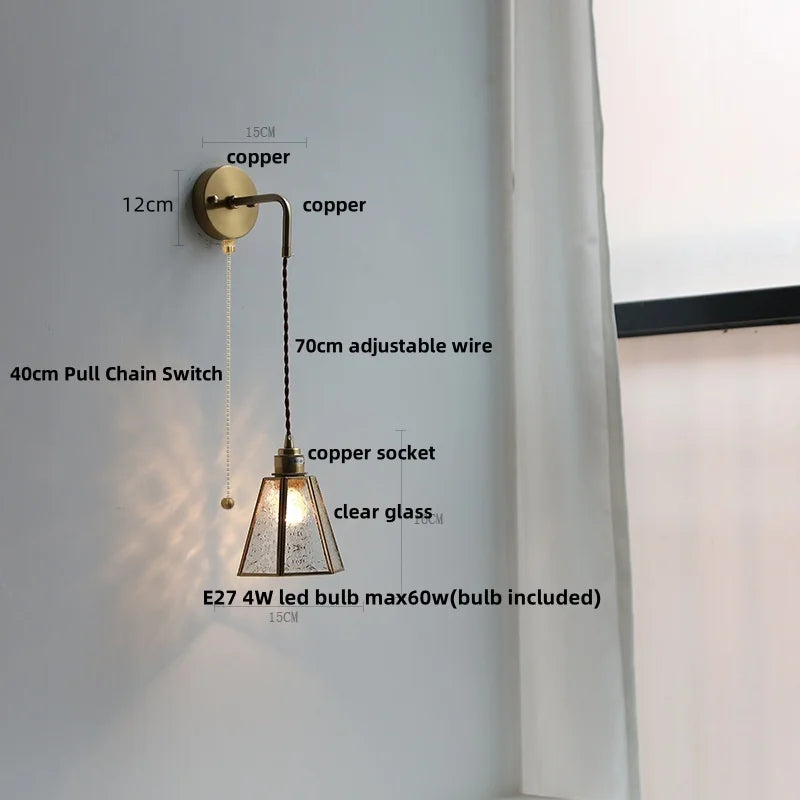 Modern Clear Glass LED Wall Light with Pull Chain for Bar, Cafe, Bathroom Mirror
