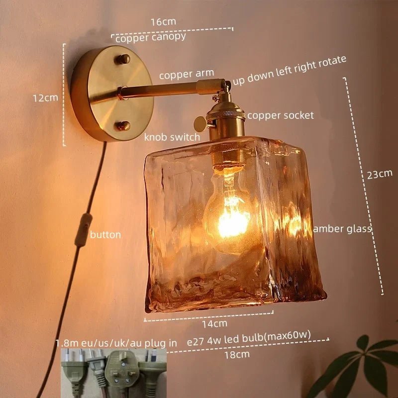 Amber Glass LED Wall Lamps for Living Room and Bathroom Mirror Lighting